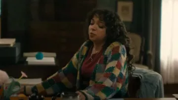Mandal Bay Patchwork Rainbow Colorblock Cardigan Sweater worn by Elaine Denham (Cree Cicchino) as seen in Best Medicine (S01E02)
