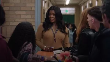 Proenza Schoueler Norah Half Zip Rib Top In Dark Camel worn by Ava Coleman (Janelle James) as seen in Abbott Elementary (S05E12)