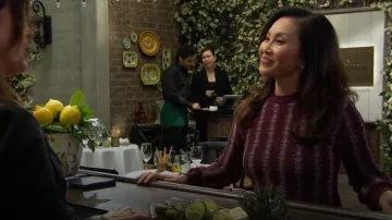 Yal Burgundy Top with Shimmering Stripe Details worn by Li Finnegan (Naomi Matsuda) as seen in The Bold and the Beautiful on January 20, 2026