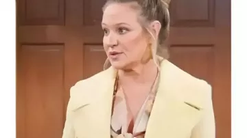 The Young And The Restless 2026 Sharon Newman Pastel Yellow Coat worn by Sharon Collins (Sharon Case) in The Young and the Restless (S52)