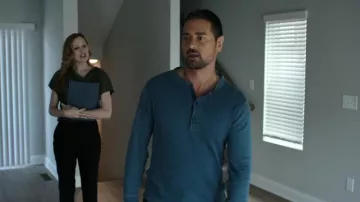 Ralph Lauren Indigo Jacquard Knit Henley Shirt worn by David (J.R. Ramirez) as seen in It's Not Like That (S01E02)