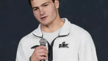 Drake Maye Super Bowl LX Opening Night Half-Zip Sweatshirt of Drake Maye in Drake Maye shares who his hero is, explains viral nickname | Super Bowl LX Opening Night