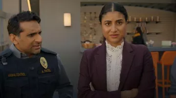 Mango Pinstripe Suit Blazer worn by Emily Price (Vella Lovell) as seen in Animal Control (S04E03)