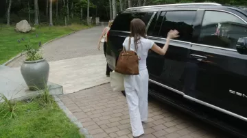 Miu Miu Brown Suede Adventure Tote Bag worn by Amanda Batula as seen in Summer House (S10E01)