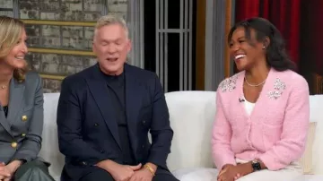 Aqua x Salvatore Rizza V Neck Embellished Cardigan worn by Janai Norman as seen in Good Morning America on February 4, 2026