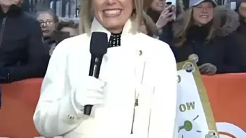 The Today Show 2026 Dylan Dreyer White Ruffle Coat worn by Dylan Dreyer in Today