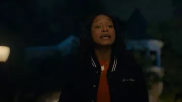 Sporty and Rich Eden Crest Varsity Jacket worn by Samira (Keke Palmer) as seen in The 'Burbs (S01E02)