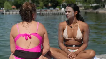 PrettyLittleThing Cream Plisse Tie Side Bikini Bottoms worn by Keyaira Snow as seen in Canada Shore (S01E03)