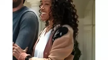 The Burbs 2026 Keke Palmer Face Printed Cardigan worn by Samira (Keke Palmer) as seen in The 'Burbs (S01)