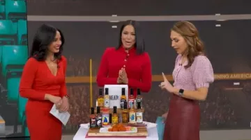 Sweet Baby Jamie Ruby Faux Leather Skirt worn by Lori Bergamotto as seen in Good Morning America on February 6, 2026