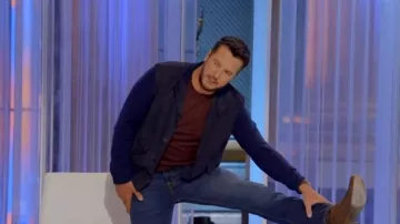 Ralph Lauren Purple Label Suede-Front Cashmere Cardigan worn by Luke Bryan as seen in American Idol (S24E01)