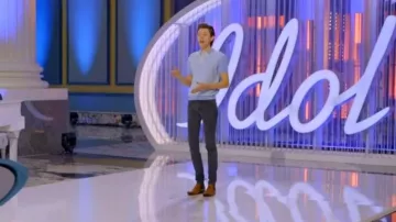 Oxknit Men's Zipper Retro Polo Shirt Textured Casual Knit Short Sleeve Blue Polo T Shirt worn by Brock Ryne as seen in American Idol (S24E01)