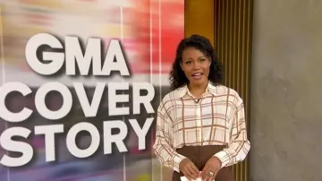 Express Sheer Plaid Cropped Boyfriend Shirt worn by Janai Norman as seen in Good Morning America on February 10, 2026