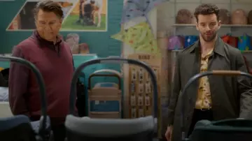 BossLadamo Virgin Wool Blend Mockneck Quarter Zip Sweater worn by Derek (Ted McGinley) as seen in Shrinking(S03E03)
