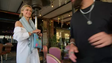 Louis Vuitton Yayoi Kusama My Eternal Soul Pochette Light Blue Monogram worn by Sky Askari as seen in The Valley: Persian Style (S01E06)