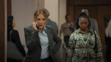 Veste Theory en laine 4 marron à col à encoche simple bouton, décolleté plongeant, portée par Dawn Ruth (Sasha Alexander) telle que vue dans The Lincoln Lawyer