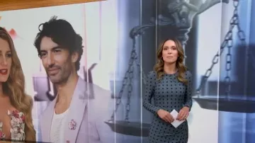 Robe crayon drapée à pois d’Arias New York portée par Rhiannon Ally telle que vue dans Good Morning America le 12 février 2026