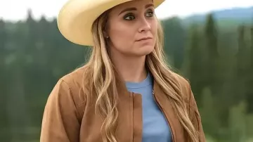 Heartland S19 Amy Fleming Brown Bomber Jacket worn by Amy Fleming (Amber Marshall) as seen in Heartland