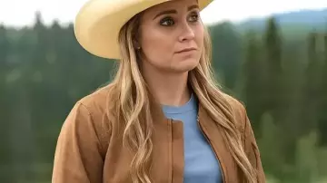 Heartland S19 Amy Fleming Brown Bomber Jacket worn by Amy Fleming (Amber Marshall) as seen in Heartland
