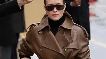 Claire Foy PFW 2026 Brown Leather Jacket Great British Bake Off - SNL