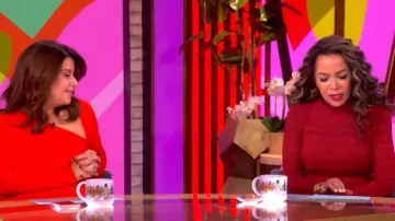 Vestido largo plisado con cuello alto y cintura baja de Christopher John Rogers, usado por Sunny Hostin, como se vio en The View el 13 de febrero de 2026.