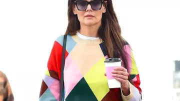 Katie Holmes Argyle Sweater in Katie Holmes is seasonally stylish in leather burnt-orange trousers