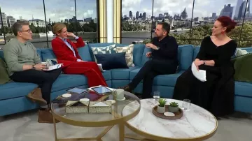 Reiss Elia Velvet Tuxedo-Stripe Flared Trousers worn by Cat Deeley as seen in This Morning on February 2026