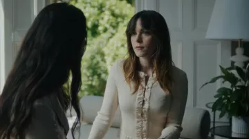 Claudie Pierlot Ruffled Satin Trimmed Ribbed And Cable Knit Cardigan worn by Hayley Clay (Kiernan Shipka) as seen in Industry (S04E06)