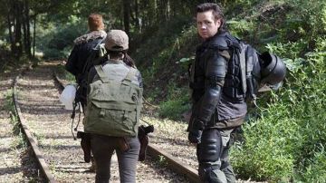 The protections groin and thigh of Eugene (Josh Mcdermitt) in The Walking Dead