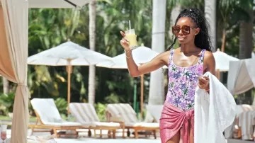Oceanus Purple Floral Embellished One Piece Swimsuit worn by Venita Aspen as seen in Southern Charm (S11E12)