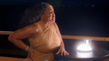 Vestido midi de malla fruncida de Kenneth Cole, usado por Quad Webb en la película Casados con la Medicina (temporada 12, episodio 10).