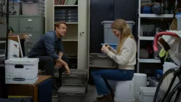The Great Cardigan worn by Megan (Lily Rabe) as seen in Shrinking(S03E05)