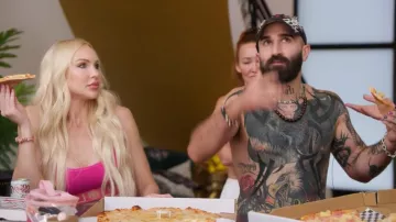 Versace Hot Pink Greca Border Sports Bra worn by Christine Quinn as seen in House of Villains (S03E03)