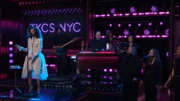 Vestido de encaje de telaraña Bibhu Mohapatra con cintura baja y falda plisada llevado por Corinne Bailey Rae, visto en The Kelly Clarkson Show el 10 de marzo de 2026