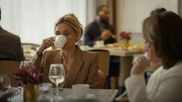 Chloe Brown Double-Breasted Wool Blazer worn by Stacy Clyburn (Michelle Pfeiffer) as seen in The Madison (S01E01)