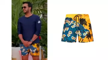 American Idol S24 Luke Bryan Flower Palm Tree Print Shorts worn by (Luke Bryan) in American Idol