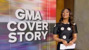 Vestido Midi de manga corta de lunares de seda para lavandería de lunares llevado por Morgan Norwood visto en Good Morning America el 25 de marzo de 2026