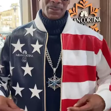 Winter Olympics Snoopdogg USA Flag Leather Jacket worn by Snoop Dogg on the Instagram account @scotthamilton84