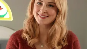 Virgin River S07 Alexandra Breckenridge Red Wrap Sweater worn by Alexandra Breckenridge as seen in Virgin River
