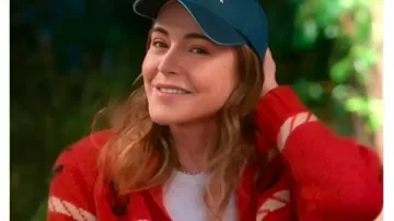 Shrinking S3 Christa Miller Red Sailboat Cardigan worn by Liz (Christa Miller) in Shrinking (S02)