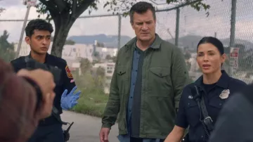 Stone Island Cotton Stretch Zip Overshirt Military Green worn by John Nolan (Nathan Fillion) as seen in The Rookie (S08E13)