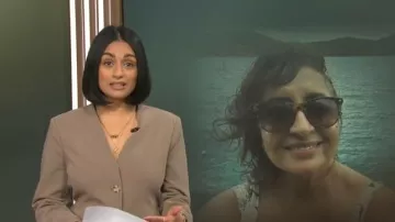 Americana sin cuello ceñido con dinamita que lleva Shanelle Kaul vista en CBS Mornings el 16 de abril de 2026