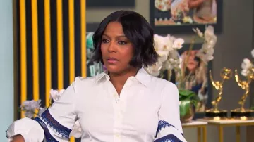 Carolina Herrera Guipure Lace-trimmed Cotton-blend Poplin Shirt worn by Tamron Hall as seen in Tamron Hall Show on April 21, 2026