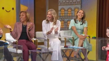 Valentino Tonal V-Logo Print Scarf-Neck Silk Blouse worn by Lara Spencer as seen in Good Morning America on April 23, 2026