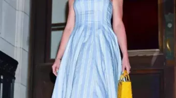 Pinstripe Midi Dress worn by Taylor Swift in Taylor Swift, Dad Scott Swift Step Out Together in NYC | E! News