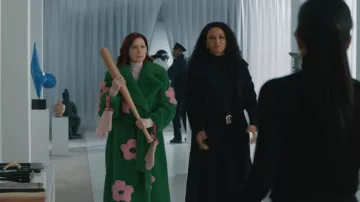 Jayley Eco Bamboo Green Faux Fur Coat with Pink Flower Detailing worn by Elsbeth Tascioni (Carrie Preston) as seen in Elsbeth (S03E17)