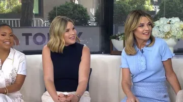 English Factory Ruffle Trim Collared Knit Top worn by Savannah Guthrie as seen in Today on April 29, 2026
