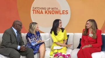 Vince Camuto Knit Printed Collared 3/4 Sleeve Tiered Trapeze Dress worn by Dylan Dreyer as seen in Today on May 5, 2026