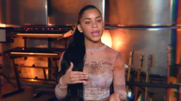 Jaded London Fairytale Printed Multicolor Mesh Crop Top worn by Amaya Espinal as seen in Love Island: Beyond the Villa (S02E01)