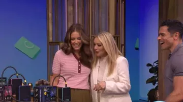 Varley Wren Stripe Cotton Blend Pointelle Polo Sweater worn by Monica Mangini as seen in LIVE with Kelly and Mark on May 7, 2026